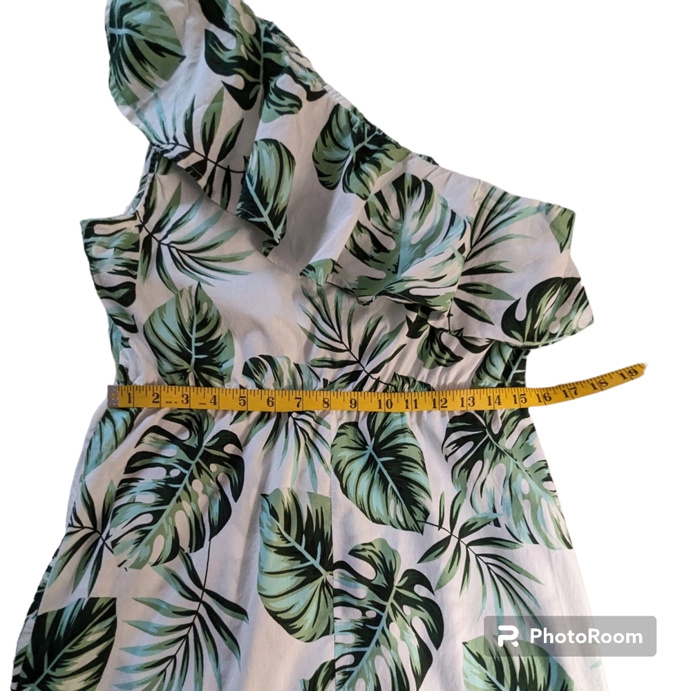Cupshe Dress Womens Sz XL Green Leaves & Fronds Ruffles One Shoulder 100% Cotton - Picture 6 of 12